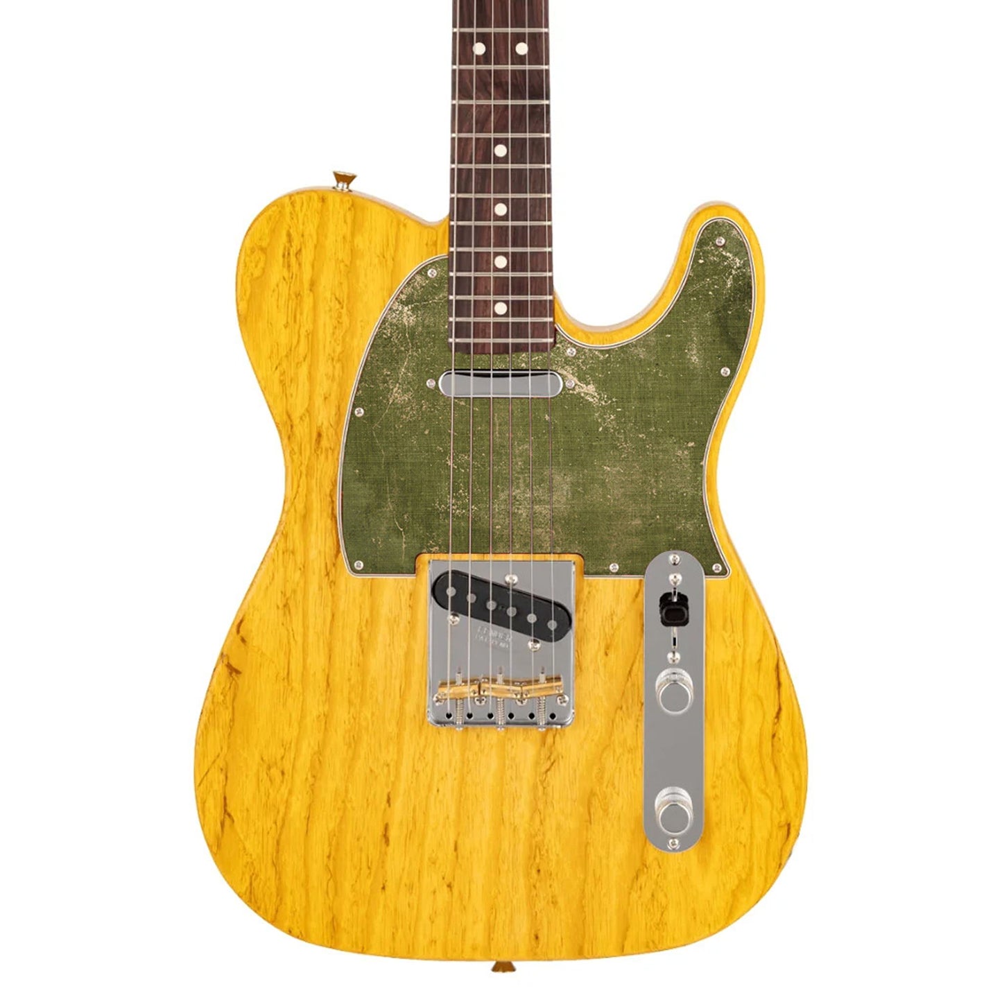Egyedi Fender Telecaster gitár koptató olívazöld árnyalattal, vintage kopásokkal és természetes textúrával