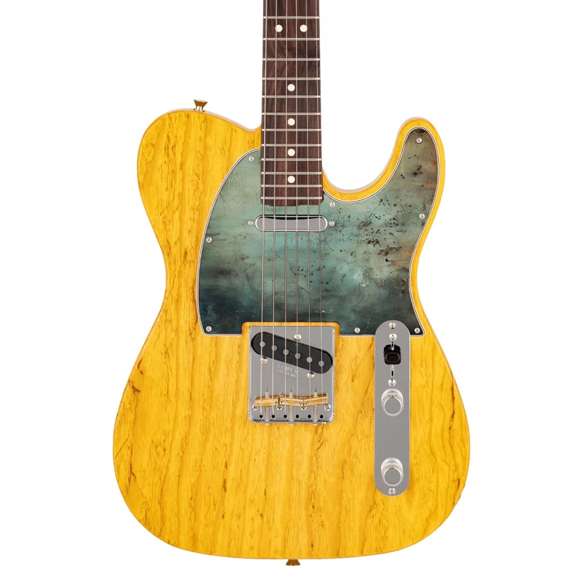Egyedi Fender Telecaster gitár koptató patinás réz textúrával, oxidált zöldes árnyalatokkal és rusztikus rozsdafoltokkal
