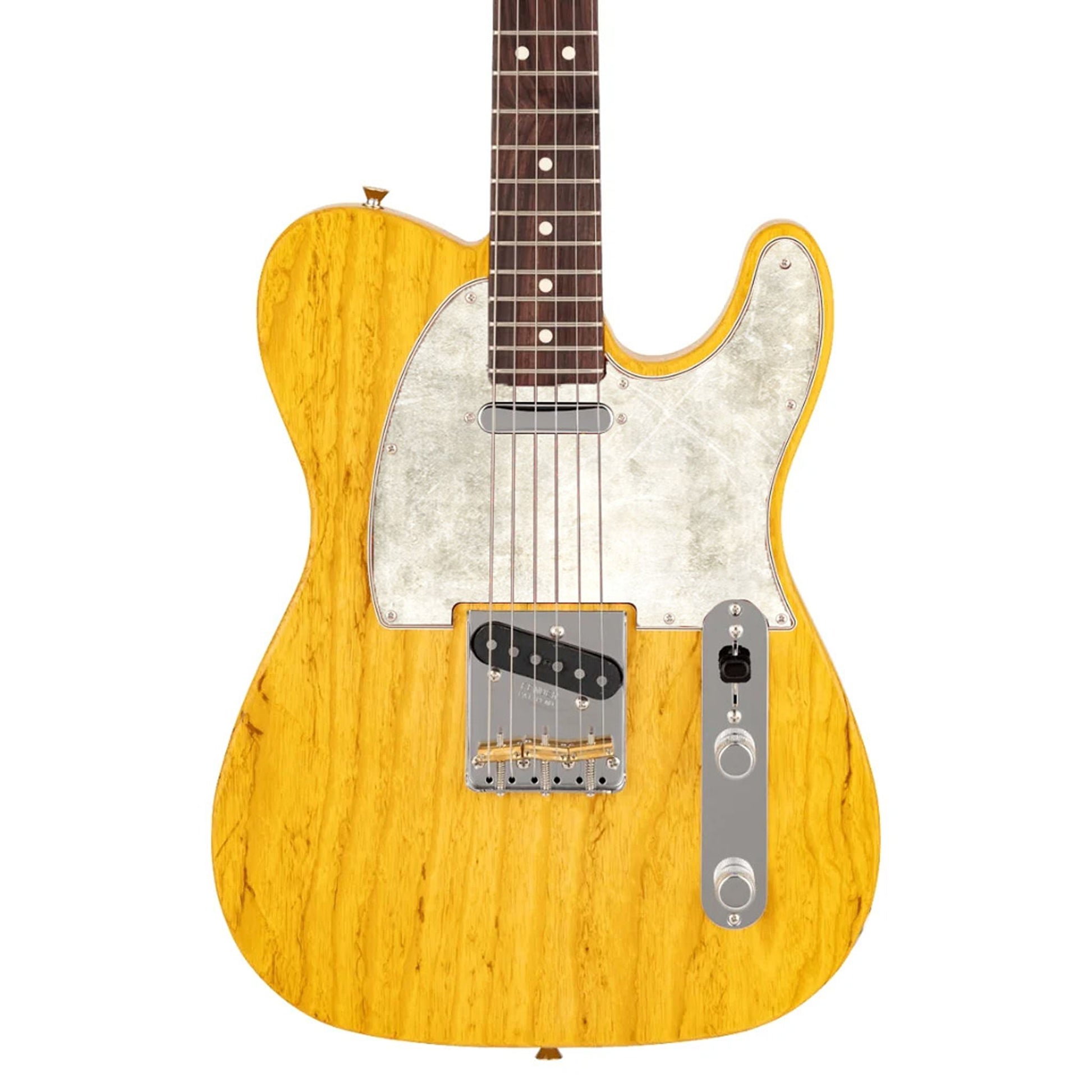 Egyedi Fender Telecaster gitár koptató világos törtfehér árnyalattal, finom karcolásokkal és enyhén patinás felülettel