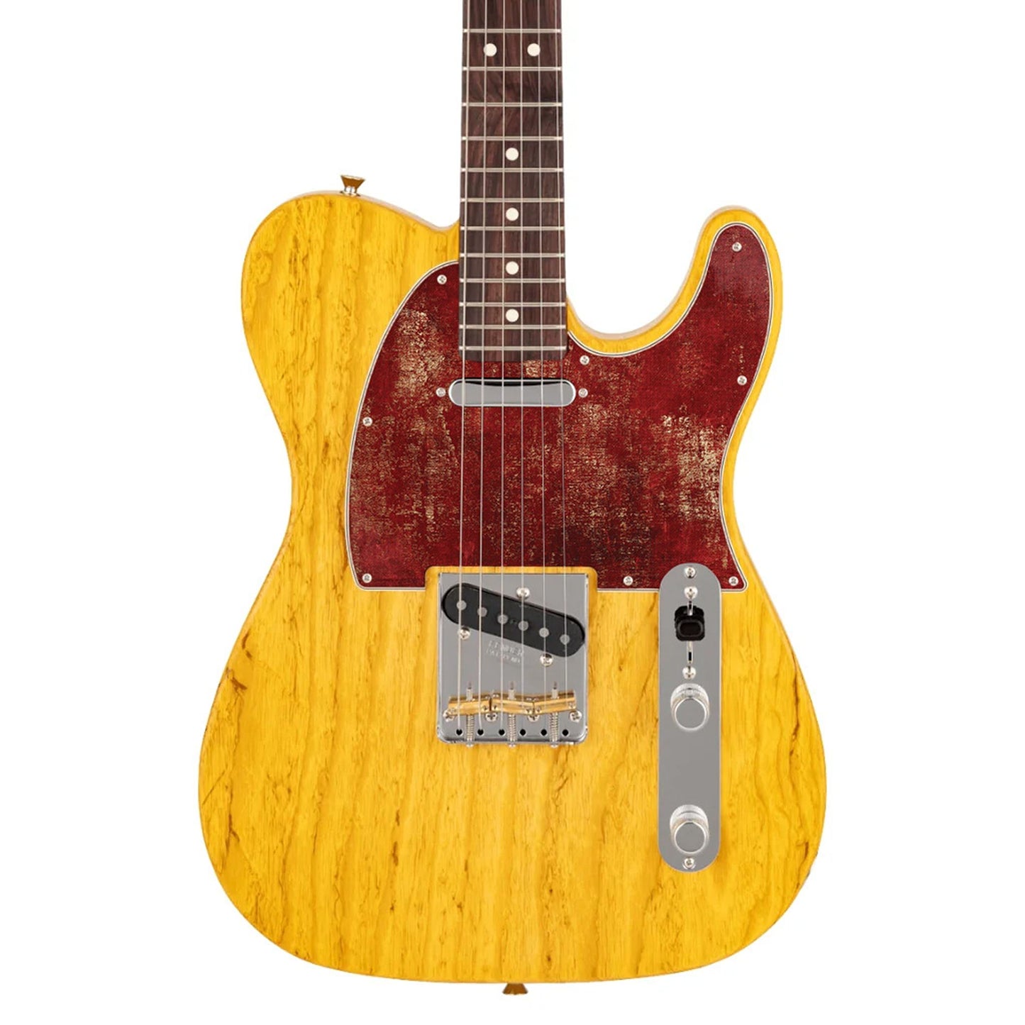 Egyedi Fender Telecaster gitár koptató élénk vörös árnyalattal, aranyos kopásokkal és karakteres textúrával