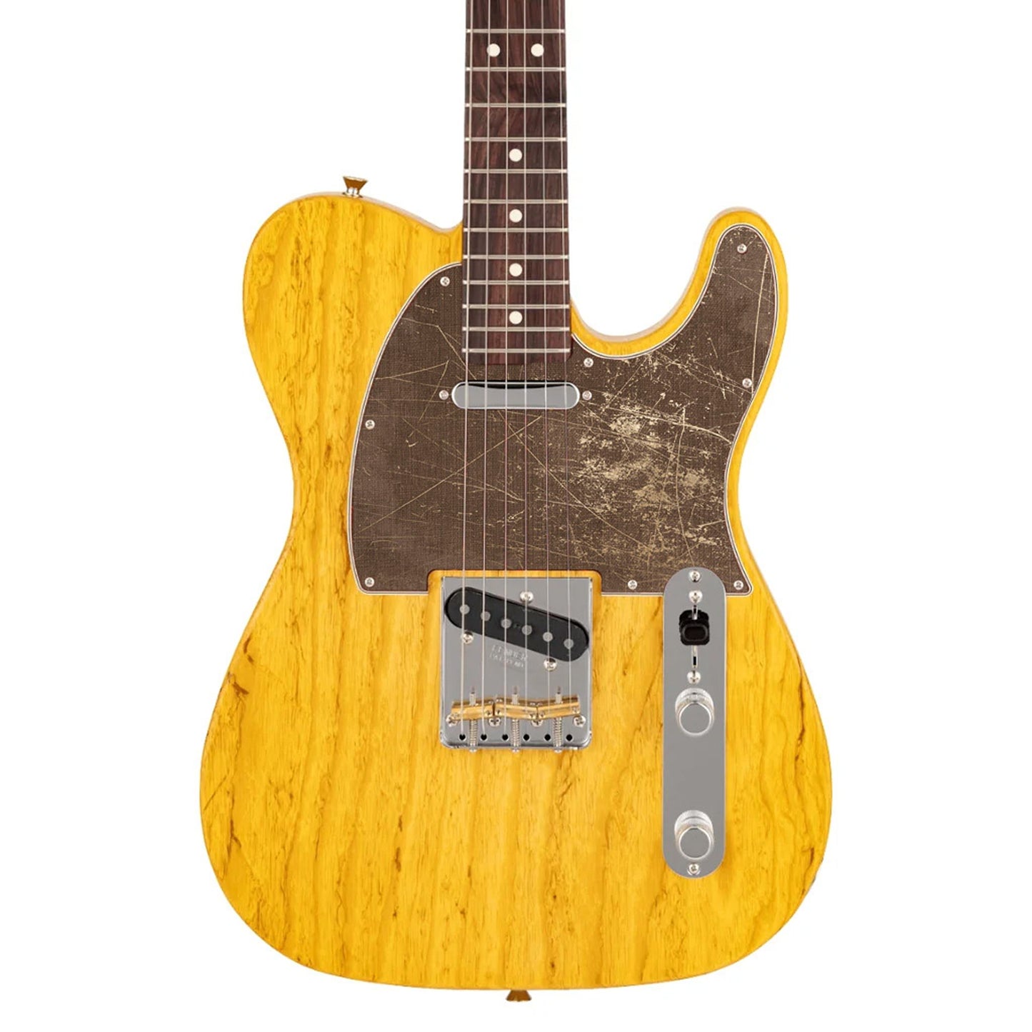 Egyedi Fender Telecaster gitár koptató sötétbarna árnyalattal, mély karcolásokkal és vintage hatású felülettel