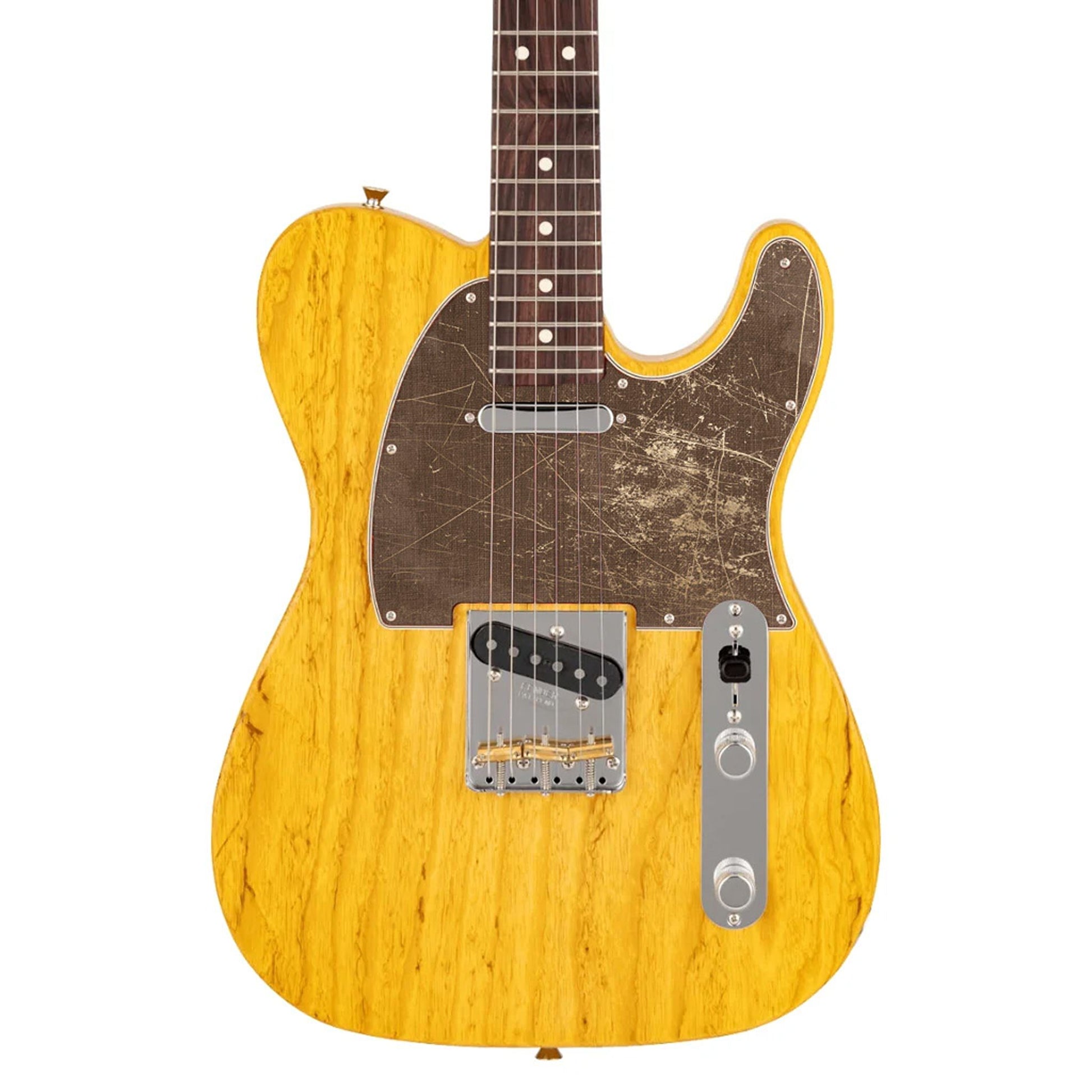 Egyedi Fender Telecaster gitár koptató sötétbarna árnyalattal, mély karcolásokkal és vintage hatású felülettel