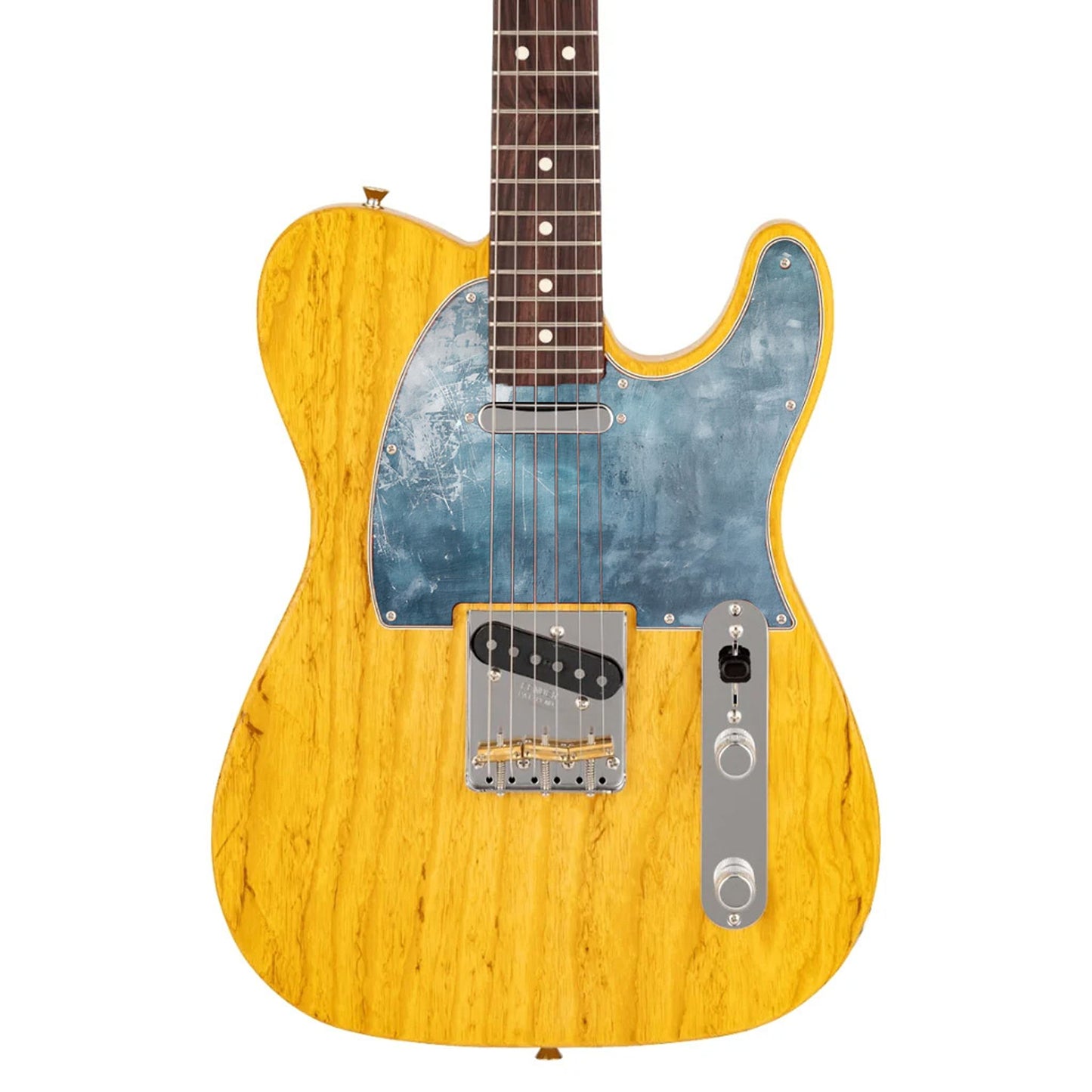 Egyedi Telecaster gitár koptató koptatott, kékes akvarell hatású textúrával, amely művészi és vintage megjelenést biztosít