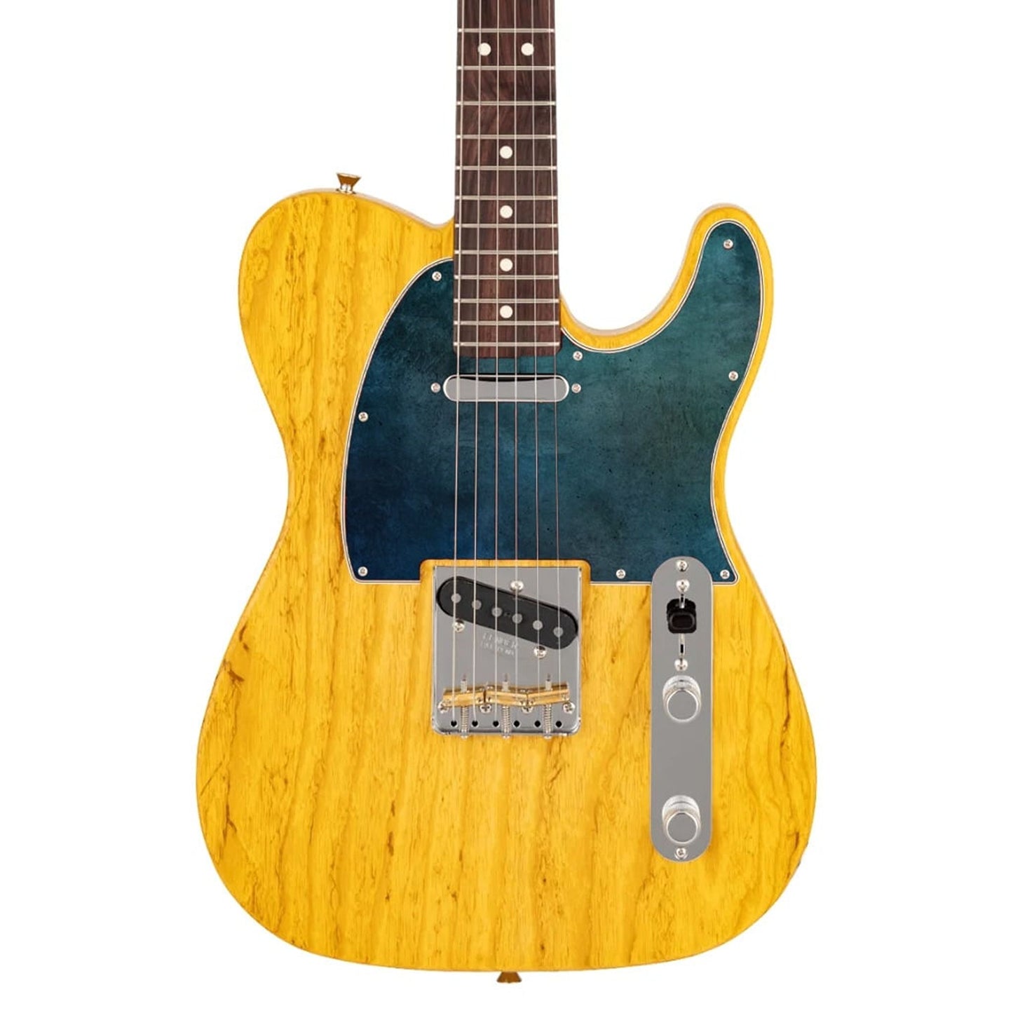 Egyedi Fender Telecaster gitár koptató, mélykék és fekete árnyalatokkal, oxidált fémhatású textúrával