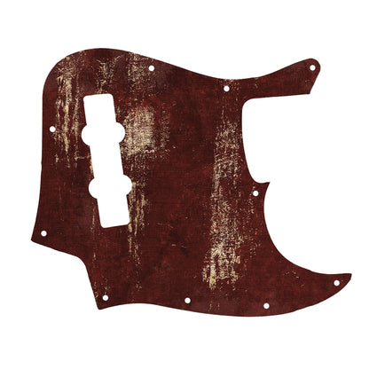 Egyedi Fender Jazz Bass gitár koptató bordó tónusokkal és patinás arany mintázattal, durva textúrával és markáns megjelenéssel