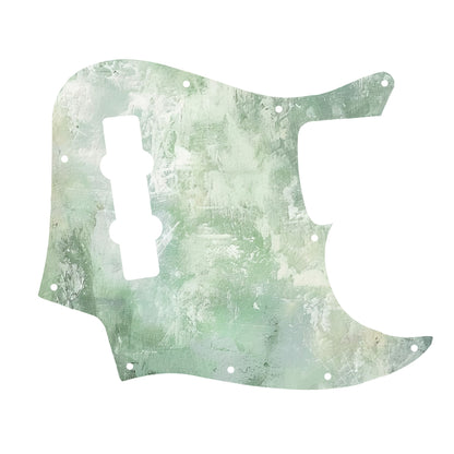 Egyedi Jazz Bass gitár koptató pasztellzöld és fehér tónusokkal, rusztikus, kézzel festett hatású mintázattal